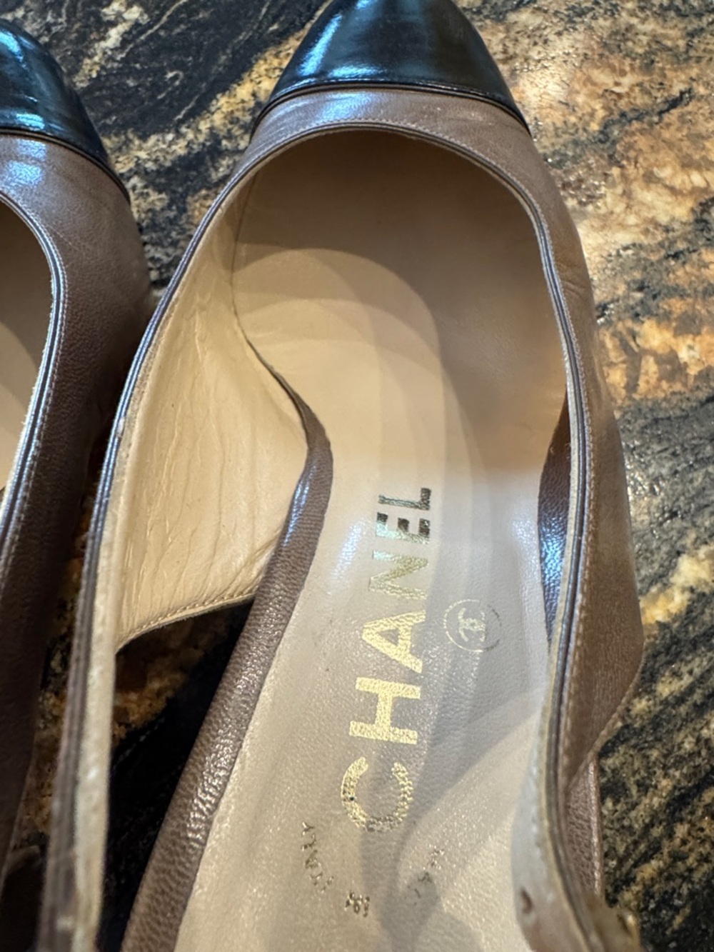CHANEL Brown Leather Slingback Mules with Black Cap Toe - Picture 6 of 6